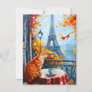 Carte Postale Automne parisien   Chat au gingembre dans un café