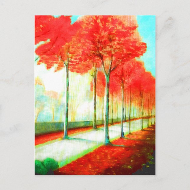 Carte Postale Automne Rouge Feuille Arbres Way Art Pittoresque (Devant)