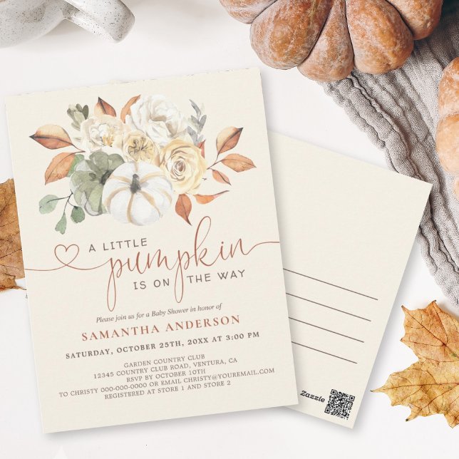 Carte Postale Automne Rustique Un Baby shower Un Peu Citrouille (Send out a Little Pumpkin Baby Shower invite as a postcard for an easy way to invite your guests.)