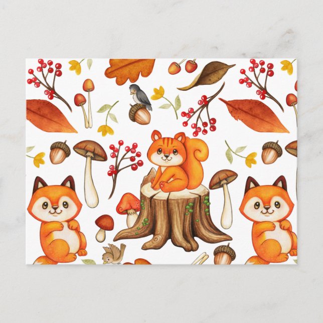 Carte Postale Automne Woodland Cute Animaux et Feuilles orange (Devant)