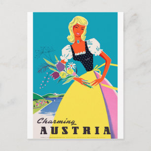 Carte Postale Autriche charmante, femme aux fleurs, illustration