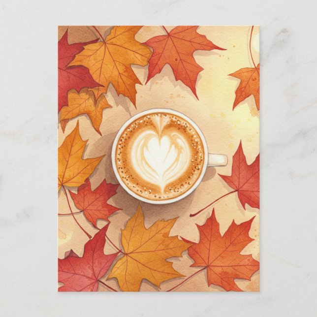 Carte Postale Autumn Coffee Postcard Cozy Fall Leaves Latte Art (Devant)