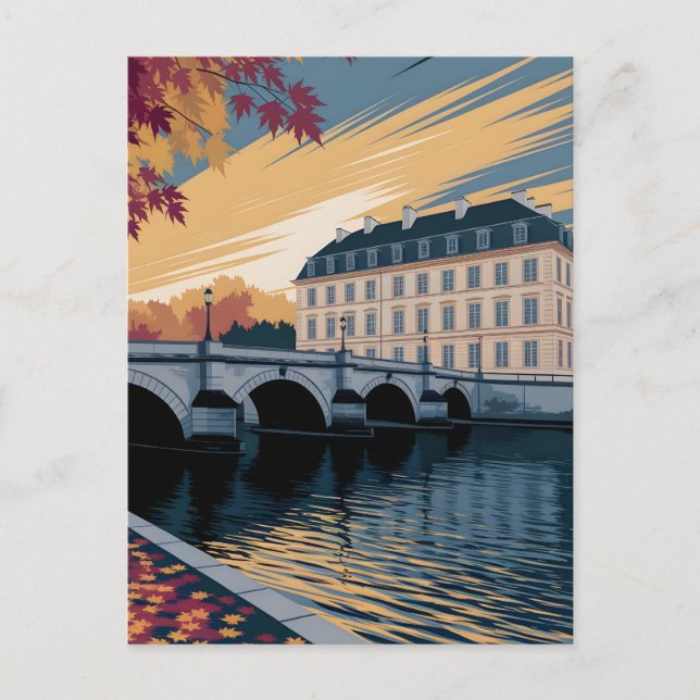 Carte Postale Autumn Riverside European City Illustration Art (Devant)