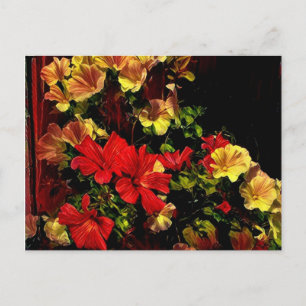 Carte postale aux fleurs rouges et jaunes stylisée