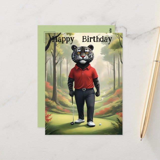 Carte Postale Avant : Un Tigre Jouant au Golf, Anniversaire (Devant/Arrière en situation)