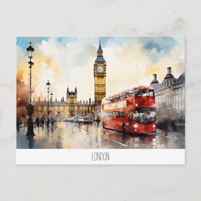 Carte postale avec Big Ben et bus rouge à Londres (Devant)