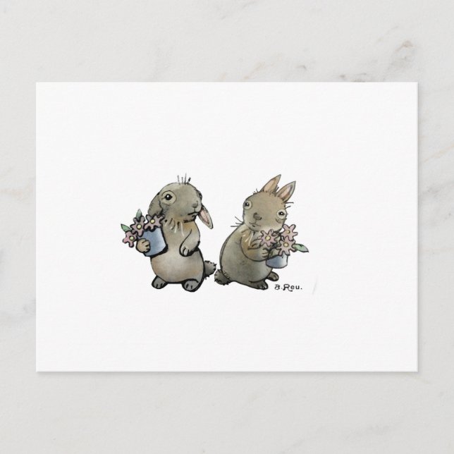 Carte postale avec des lapins et des fleurs (Devant)