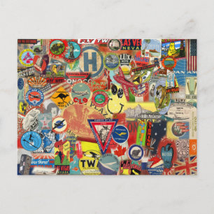 Carte postale avec drapeaux et autocollants Vintag