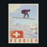 Carte postale avec imprimé ski Vintage Suisse<br><div class="desc">Carte postale cool avec imprimé ski vintage de Verbier, Suisse. Envoyez vos salutations de ski avec un joli tirage de l'une des meilleures stations de ski dans les alpes suisses si pas dans le monde. Nous changeons et ajoutons du texte et des couleurs, ainsi que la taille et le placement,...</div>