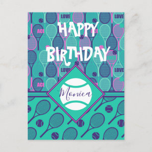 Carte Postale Avec le nom Minty et violet tennis anniversaire Po