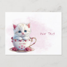 Carte postale avec un chaton dans une tasse avec d