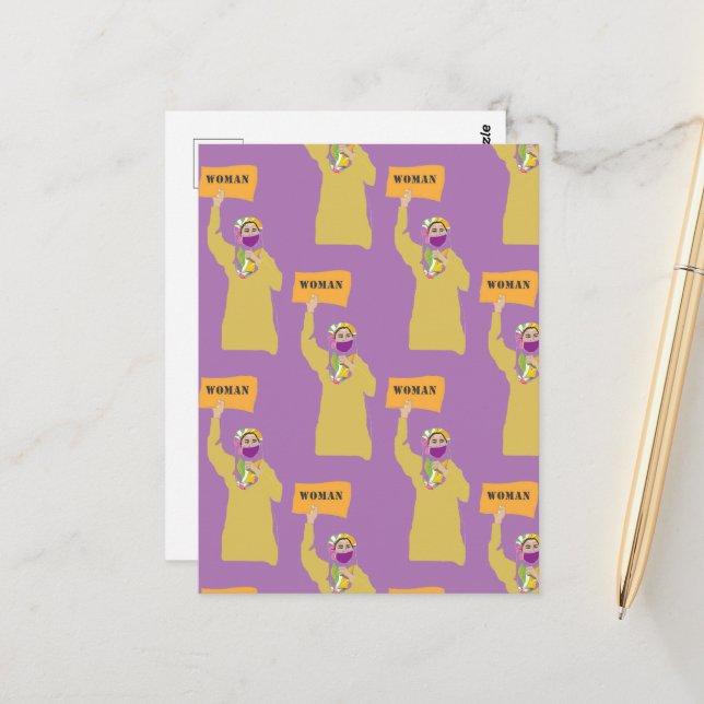 Carte postale avec une femme afghane tenant un pan (Devant/Arrière en situation)