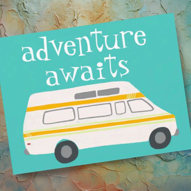 Carte Postale AVENTURE ATTENTE Camping Campervan RV (Cute vintage van illustration "adventure awaits". Customize with your own text too)