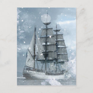 Carte Postale aventure hiver tempête de neige vintage bateau pir