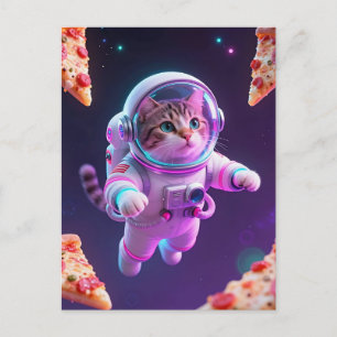Carte Postale Aventure spatiale de pizza avec un chat astronaute