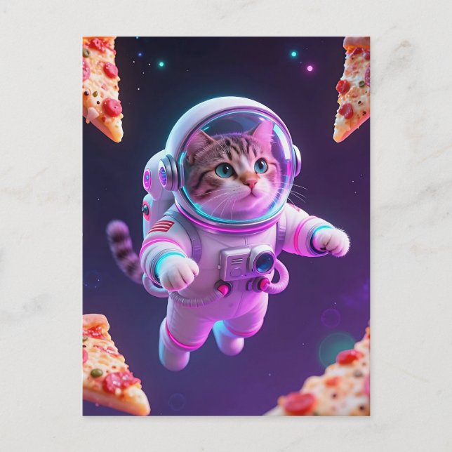 Carte Postale Aventure spatiale de pizza avec un chat astronaute (Devant)