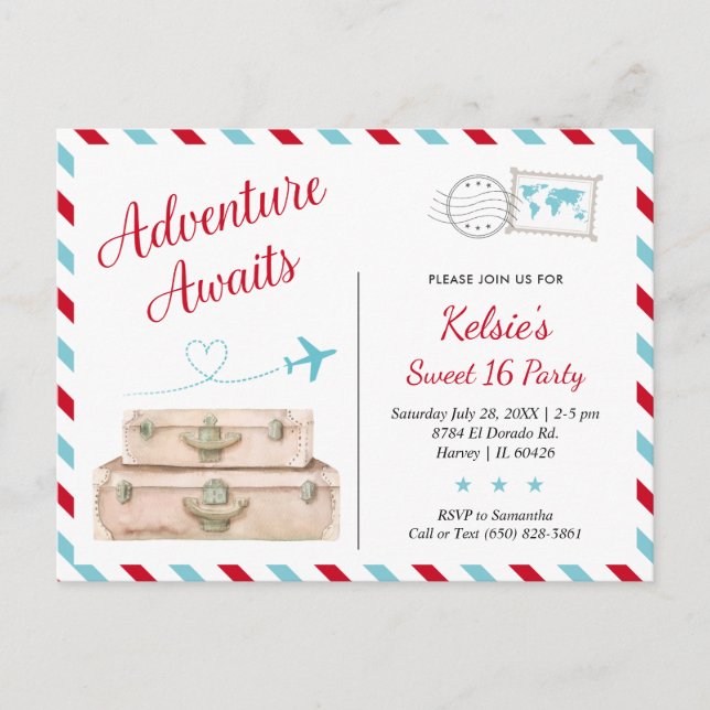 Carte Postale Aventure Sweet Sixteen attend la fille voyage invi (Devant)