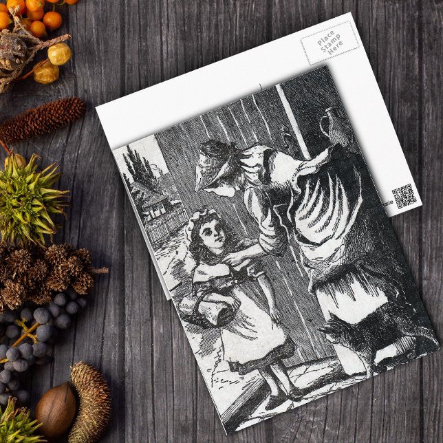 Carte Postale Avertissement des mères vintage Riding Hood (Black and white Little Red riding hood with her mother cat on postcard.)