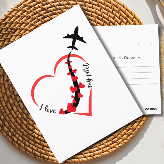 Carte Postale Avion & Coeurs J'aime Mon Pilote Romantique Simple (Créateur téléchargé)