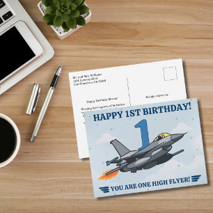 Carte Postale Avion de chasse Time Flies Jet Filleul Premier Ann