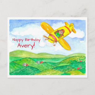 Carte Postale Avion Jaune Joyeux Anniversaire Nom personnalisé