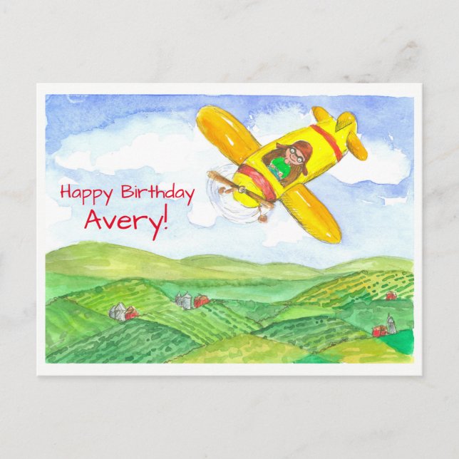 Carte Postale Avion Jaune Joyeux Anniversaire Nom personnalisé (Devant)