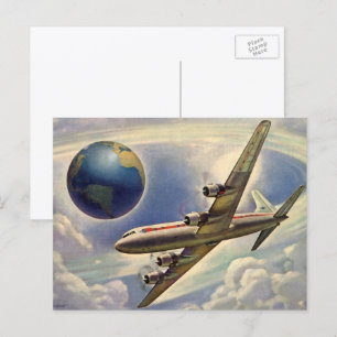 Carte Postale Avion vintage volant autour du monde dans les nuag