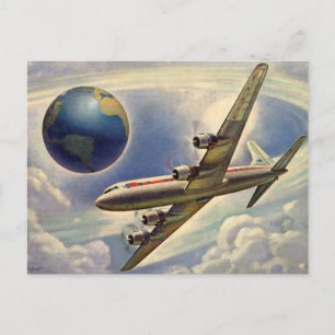 Carte Postale Avion vintage volant autour du monde dans les nuag