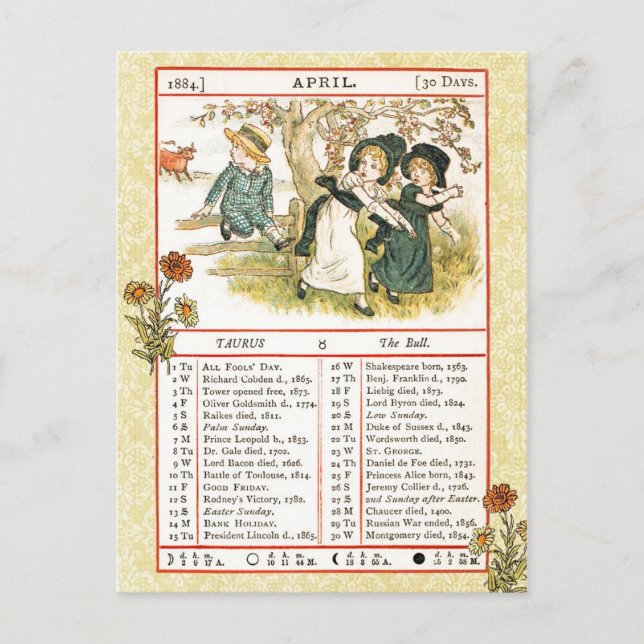 Carte Postale Avril 1884 Almanac. Taurus, Le Taureau (Devant)