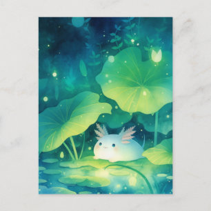 Carte Postale Axolotl Blanc dans l'étang magique de lys nocturne