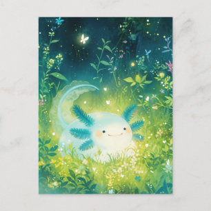 Carte Postale Axolotl Blanc dans un Jardin Magique Étincelant de