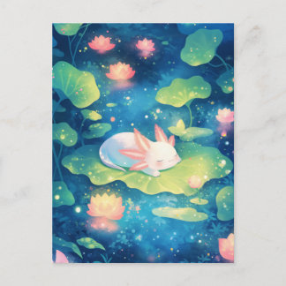 Carte Postale Axolotl Blanc Endormi dans l'Étang Magique de Lys