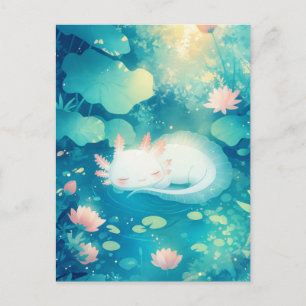 Carte Postale Axolotl Blanc Endormi dans un Étang de Lotus Ensol