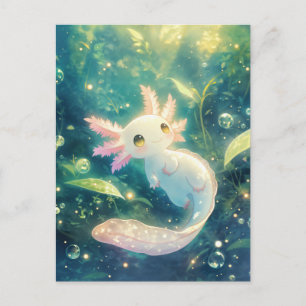 Carte Postale Axolotl Blanc Nageant dans un Jardin d'Eau Magique