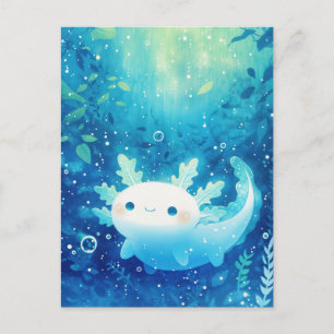 Carte Postale Axolotl Blanc Nageant dans un Océan Bleu Profond e