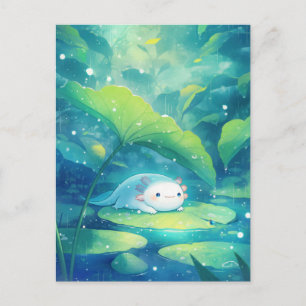 Carte Postale Axolotl Blanc S'abritant Sous une Feuille de Nénup