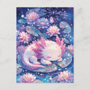 Carte Postale Axolotl endormi aquarelle rose iridescent