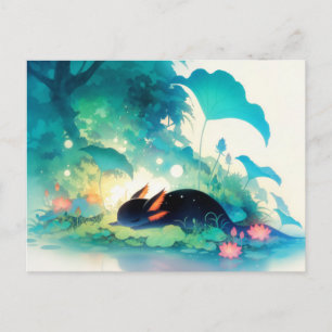Carte Postale Axolotl Noir Endormi dans un Étang Tropical Magiqu