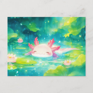 Carte Postale Axolotl Rose Nageant dans un Étang de Fleurs de Lo