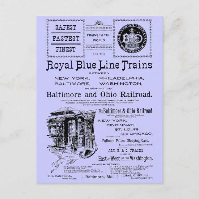 Carte Postale B+O Trains de la ligne Royal Blue 1910 (Devant)