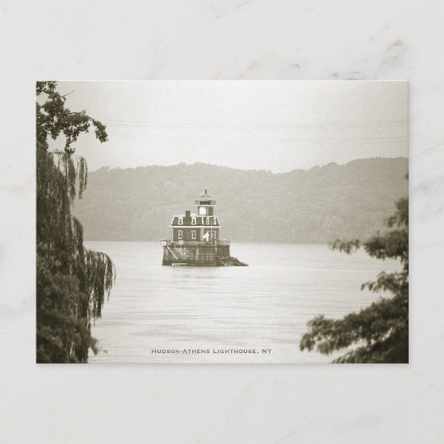 Carte postale B&W du phare Hudson-Athens, NY (Devant)