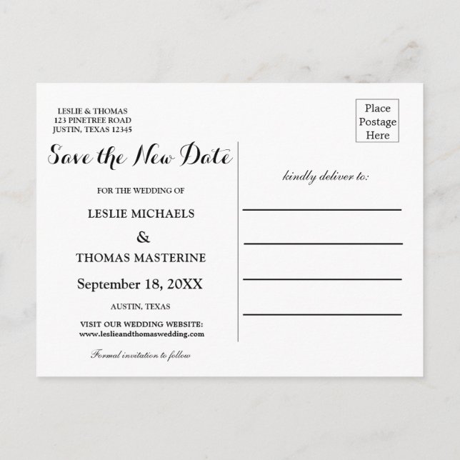 Carte Postale B&W Personalized Save the New Date Postcard (Dos)