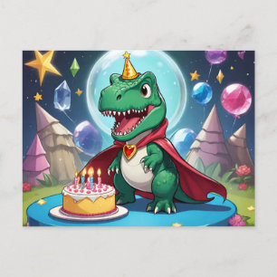 Carte Postale Babay T-Rex en cape devant le gâteau d'anniversair