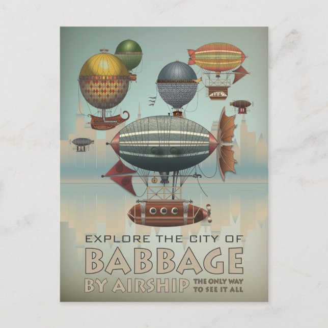 Carte Postale Babbage by Airship Vintage Steampunk Travel (Devant)