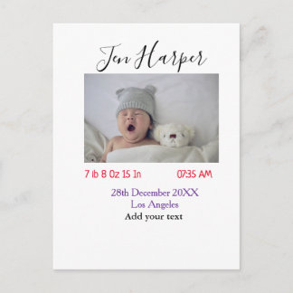 Carte Postale Baby birth stats add name place date keepsake memo