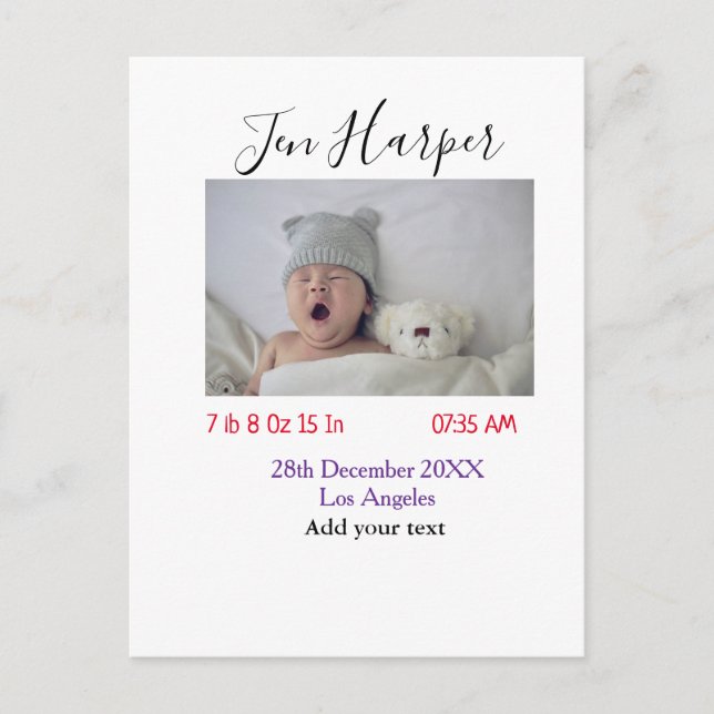Carte Postale Baby birth stats add name place date keepsake memo (Devant)