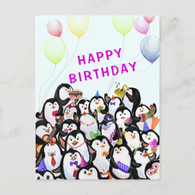 Carte Postale Baby Birthday Card Happy Penguins Party (Devant)