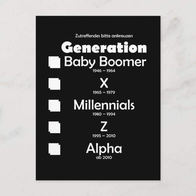 Carte Postale Baby Boomer, X, Y, Millénium, Z, Al (Devant)