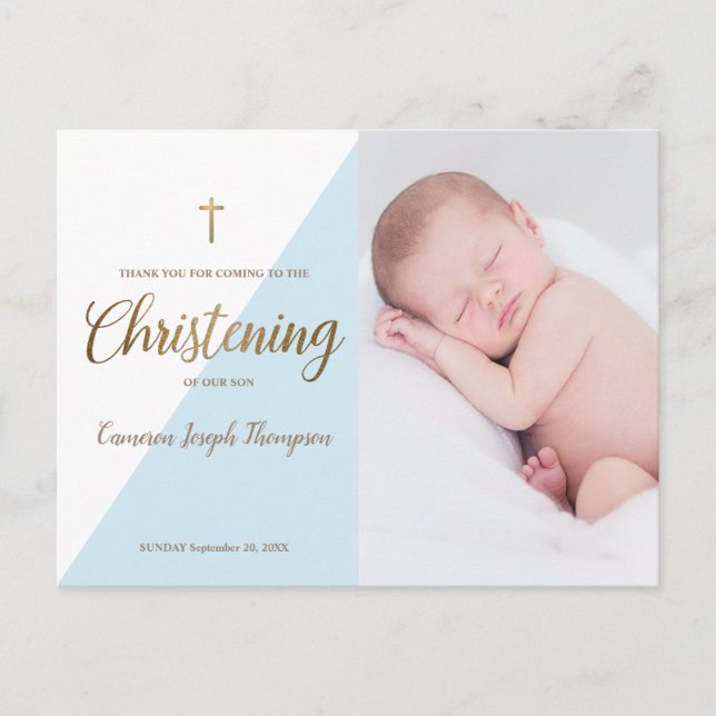 Carte Postale Baby Boy Modern Blue Photo Christening Merci (Devant)