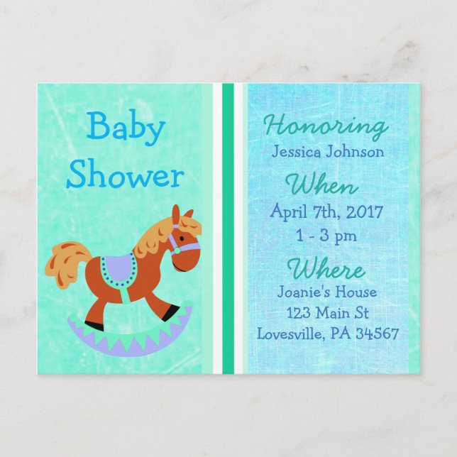 Carte Postale Baby Boy Rocking Horse Baby shower bleu Invitation (Devant)